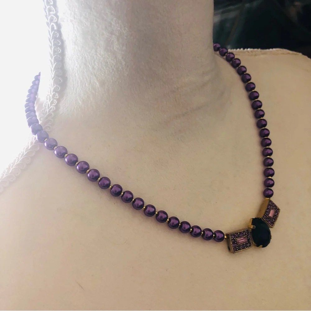 Handcrafted repurpose purple passion sparkle pendant Czech glass Pearl necklace